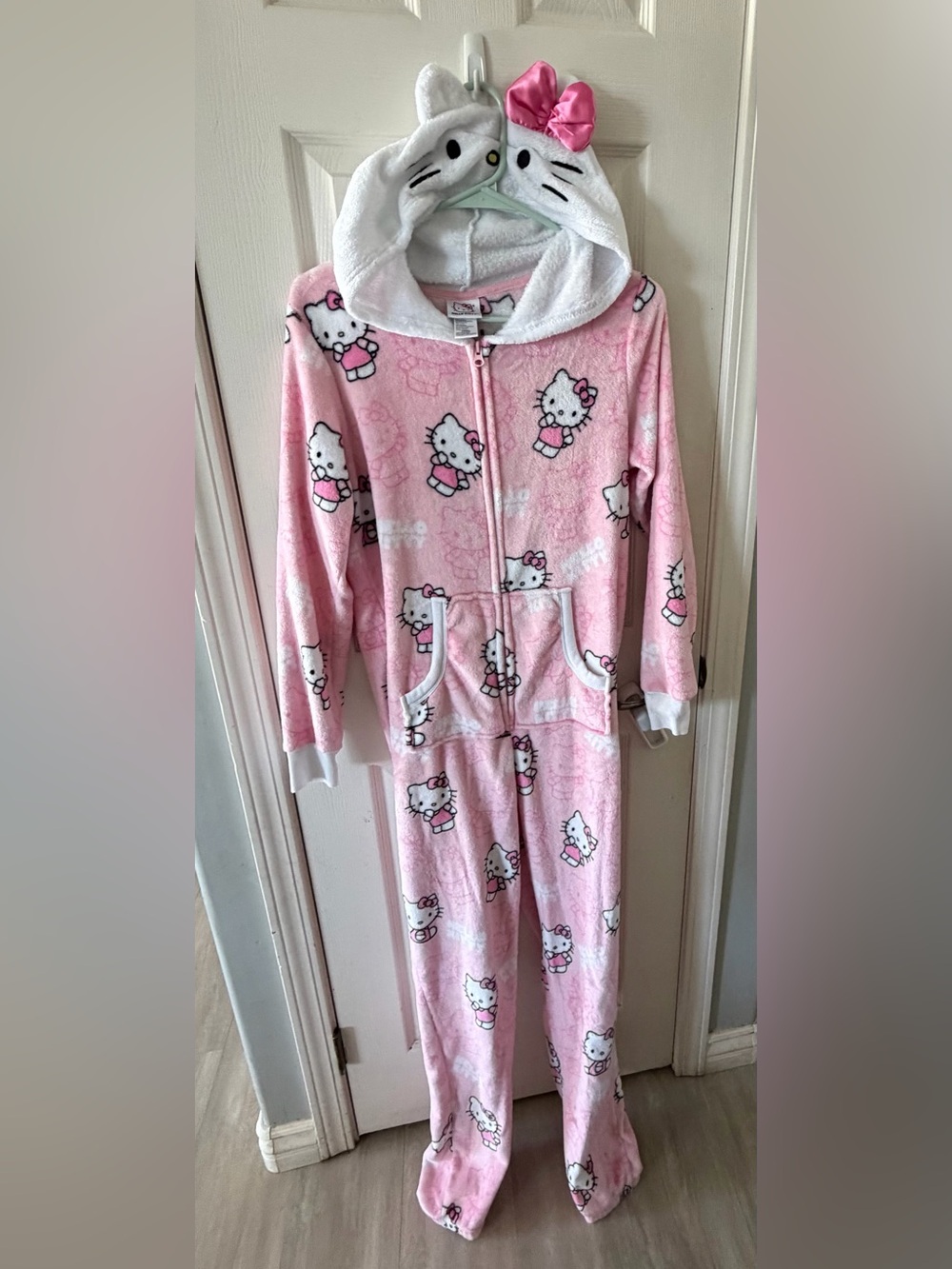 Hello Kitty Pink and White Plush Hooded Onesie
